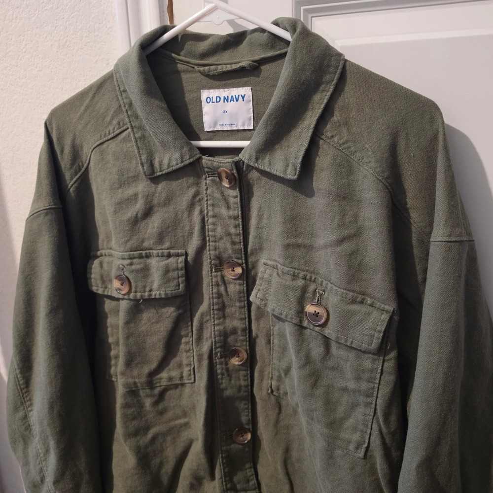 Old Navy Women 2X Olive Green Utility Jacket Button Up Relaxed Fit Shacket